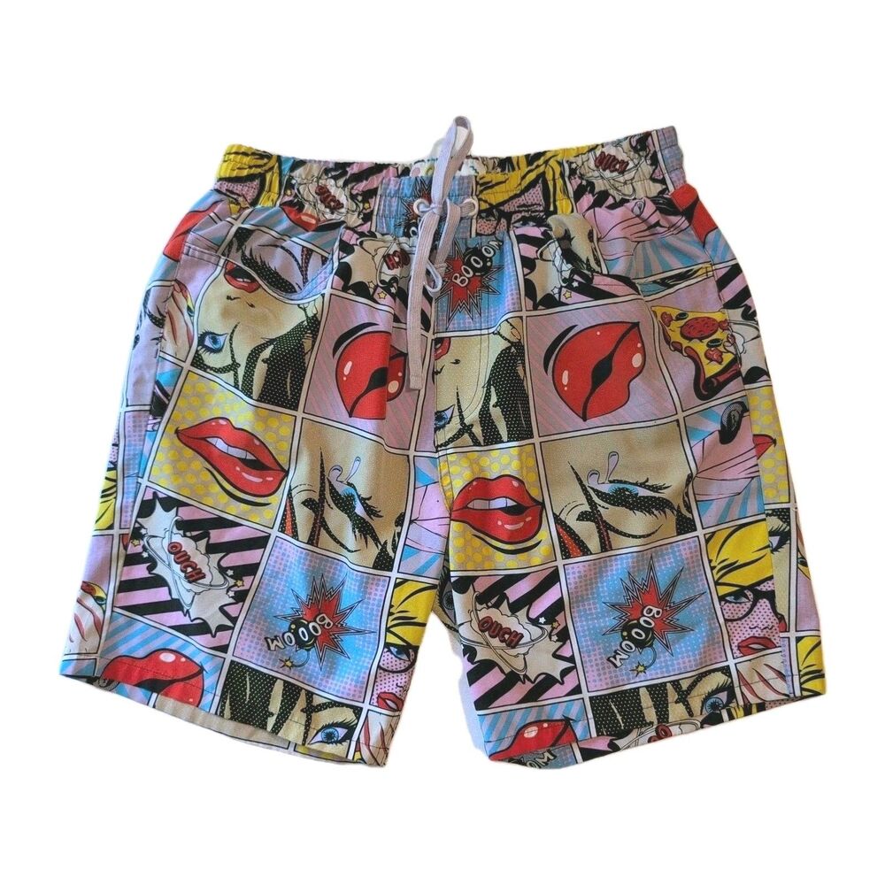 Oh Snap! Board Shorts Men's Size L Comic Book Lips Retro y2k Boom Pizza Beach